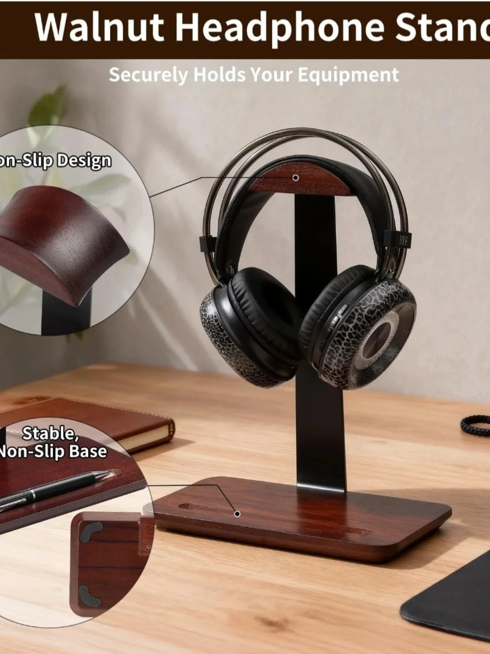 Walnut Headphone Stand, Wood Headset Stand for Desk, Universal Headphone Holder